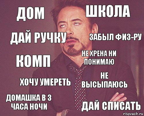 дом школа комп домашка в 3 часа ночи не высыпаюсь не хрена ни понимаю хочу умереть дай списать дай ручку забыл физ-ру, Комикс мое лицо