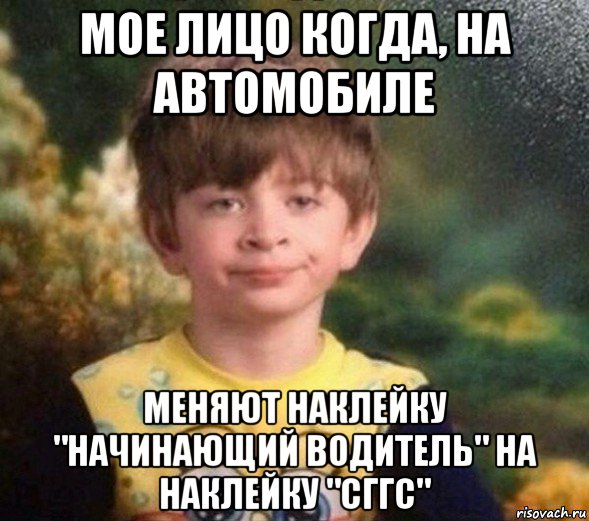 мое лицо когда, на автомобиле меняют наклейку "начинающий водитель" на наклейку "сггс", Мем Недовольный пацан