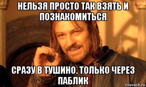 нельзя просто так взять и познакомиться сразу в тушино. только через паблик, Мем Нельзя просто так взять и (Боромир мем)