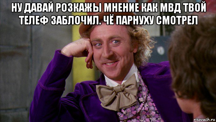 ну давай розкажы мнение как мвд твой телеф заблочил. чё парнуху смотрел , Мем Ну давай расскажи (Вилли Вонка)