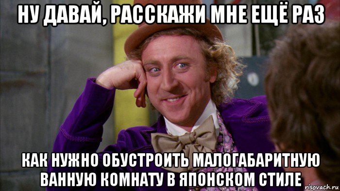 ну давай, расскажи мне ещё раз как нужно обустроить малогабаритную ванную комнату в японском стиле, Мем Ну давай расскажи (Вилли Вонка)