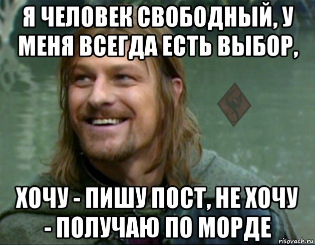 я человек свободный, у меня всегда есть выбор, хочу - пишу пост, не хочу - получаю по морде, Мем ОР Тролль Боромир