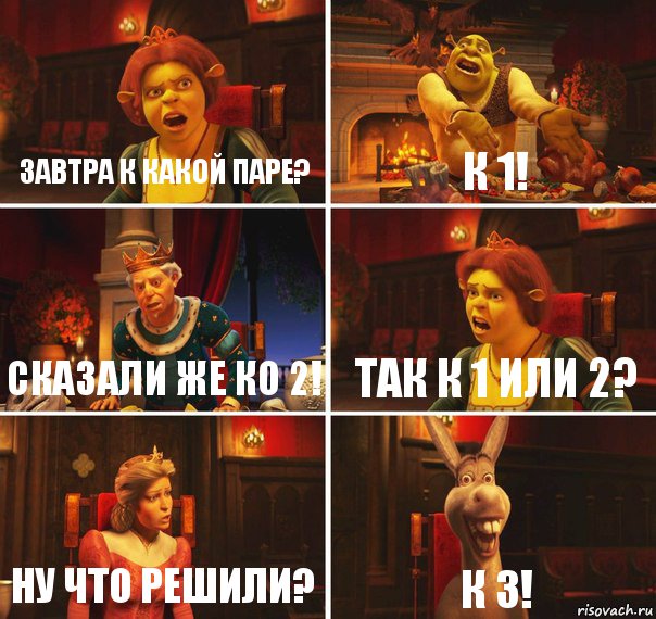 Завтра к какой паре? К 1! Сказали же ко 2! Так к 1 или 2? Ну что решили? к 3!, Комикс  Шрек Фиона Гарольд Осел