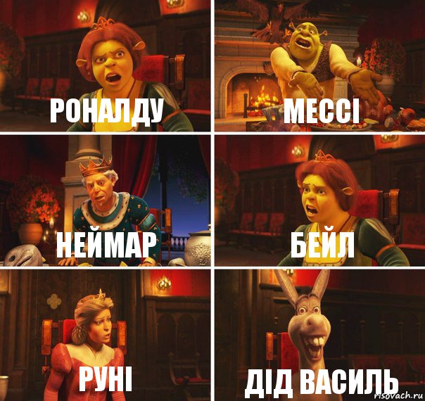 Роналду Мессі Неймар Бейл Руні Дід василь, Комикс  Шрек Фиона Гарольд Осел