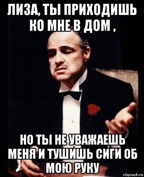 лиза, ты приходишь ко мне в дом , но ты не уважаешь меня и тушишь сиги об мою руку, Мем ты делаешь это без уважения