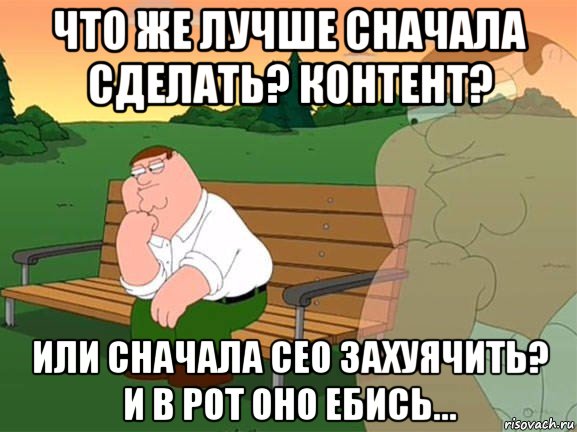 что же лучше сначала сделать? контент? или сначала сео захуячить? и в рот оно ебись..., Мем Задумчивый Гриффин