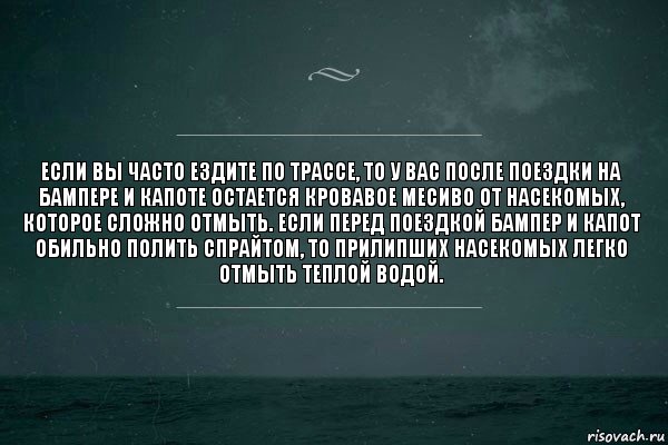 Если вы часто ездите по трассе, то у вас после поездки на бампере и капоте остается кровавое месиво от насекомых, которое сложно отмыть. Если перед поездкой бампер и капот обильно полить спрайтом, то прилипших насекомых легко отмыть теплой водой., Комикс   игра слов море