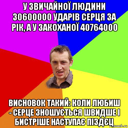 у звичайної людини 30600000 ударів серця за рік, а у закоханої 40764000 висновок такий: коли любиш - серце зношується швидше і бистріше наступає піздєц, Мем Чоткий паца