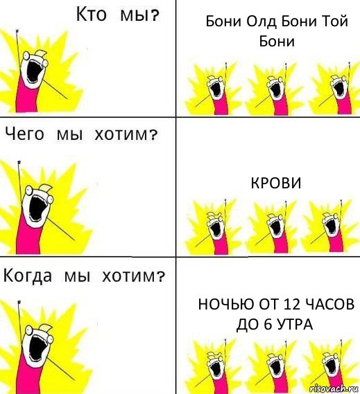 Бони Олд Бони Той Бони Крови Ночью от 12 часов до 6 утра, Комикс Что мы хотим