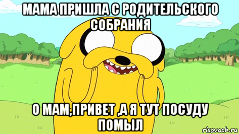 мама пришла с родительского собрания о мам,привет ,а я тут посуду помыл, Мем  Довольный Джейк