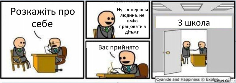 Розкажіть про себе Ну... я нервова людина, не вмію працювати з дітьми Вас прийнято 3 школа