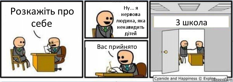 Розкажіть про себе Ну... я нервова людина, яка ненавидить дітей Вас прийнято 3 школа