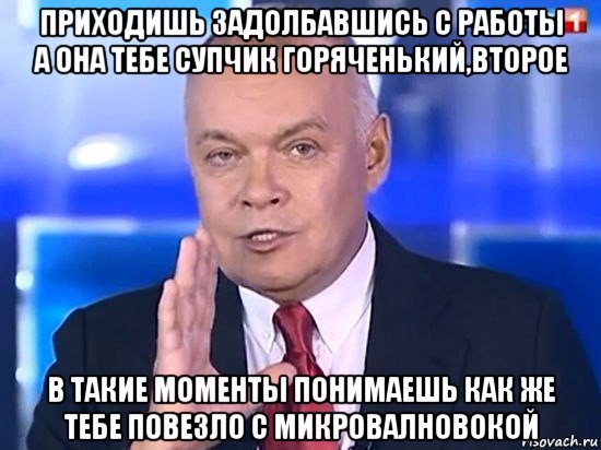 приходишь задолбавшись с работы а она тебе супчик горяченький,второе в такие моменты понимаешь как же тебе повезло с микровалновокой, Мем Киселёв 2014