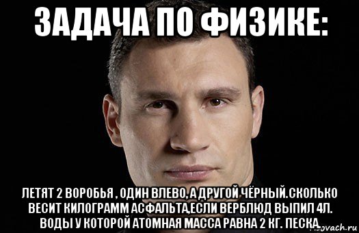 задача по физике: летят 2 воробья , один влево, а другой чёрный.сколько весит килограмм асфальта,если верблюд выпил 4л. воды у которой атомная масса равна 2 кг. песка., Мем Кличко