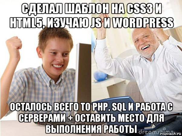 сделал шаблон на css3 и html5, изучаю js и wordpress осталось всего то php, sql и работа с серверами + оставить место для выполнения работы, Мем   Когда с дедом