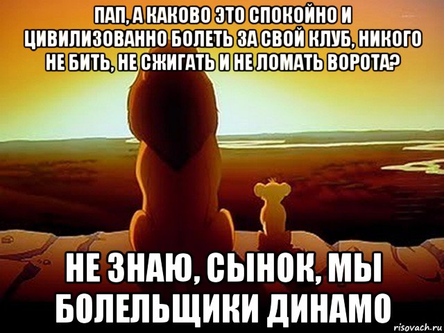 пап, а каково это спокойно и цивилизованно болеть за свой клуб, никого не бить, не сжигать и не ломать ворота? не знаю, сынок, мы болельщики динамо, Мем  король лев