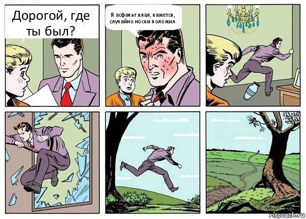 Дорогой, где ты был? Я асфальт клал, кажется, случайно носки положил., Комикс  Говорящее говно