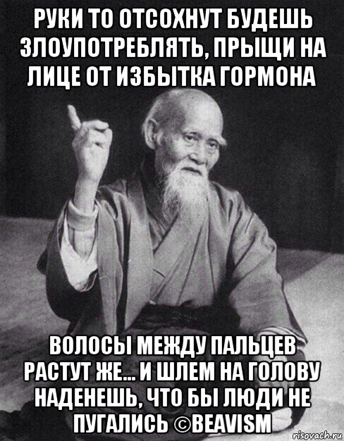 руки то отсохнут будешь злоупотреблять, прыщи на лице от избытка гормона волосы между пальцев растут же... и шлем на голову наденешь, что бы люди не пугались ©beavism, Мем Монах-мудрец (сэнсей)