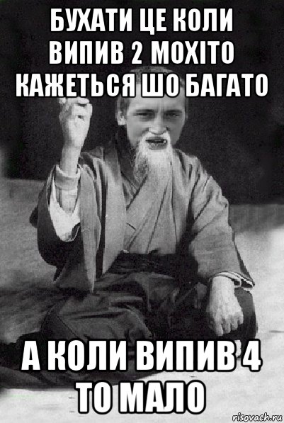 бухати це коли випив 2 мохіто кажеться шо багато а коли випив 4 то мало, Мем Мудрий паца