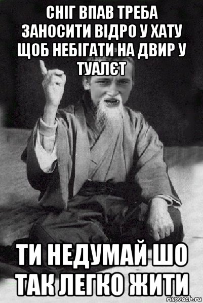 сніг впав треба заносити відро у хату щоб небігати на двир у туалєт ти недумай шо так легко жити, Мем Мудрий паца