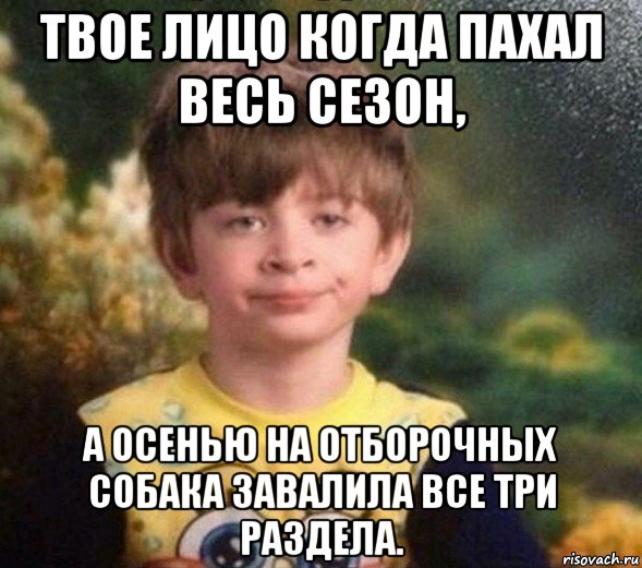 твое лицо когда пахал весь сезон, а осенью на отборочных собака завалила все три раздела., Мем Недовольный пацан