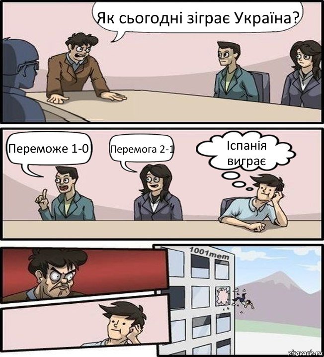 Як сьогодні зіграє Україна? Переможе 1-0! Перемога 2-1 Іспанія виграє, Комикс Совещание (задумался и вылетел из окна)