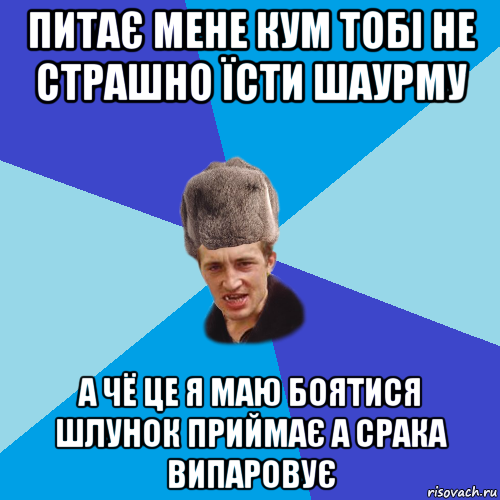 питає мене кум тобі не страшно їсти шаурму а чё це я маю боятися шлунок приймає а срака випаровує, Мем Празднчний паца