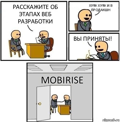 Расскажите об этапах веб разработки хуяк хуяк и в продакшн вы приняты! Mobirise, Комикс  Приняты