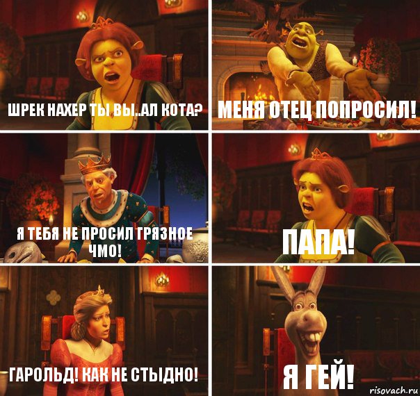Шрек нахер ты вы..ал кота? Меня отец попросил! Я тебя не просил грязное чмо! Папа! Гарольд! Как не стыдно! Я гей!, Комикс  Шрек Фиона Гарольд Осел