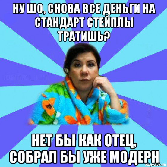 ну шо, снова все деньги на стандарт стейплы тратишь? нет бы как отец, собрал бы уже модерн, Мем типичная мама