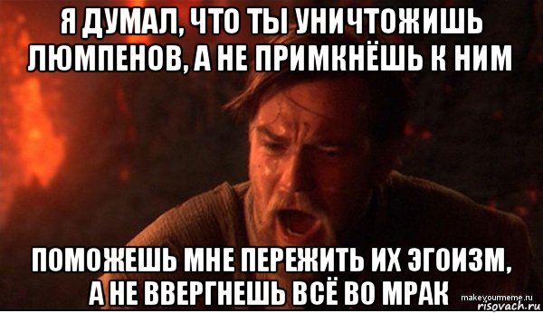 я думал, что ты уничтожишь люмпенов, а не примкнёшь к ним поможешь мне пережить их эгоизм, а не ввергнешь всё во мрак, Мем ты был мне как брат