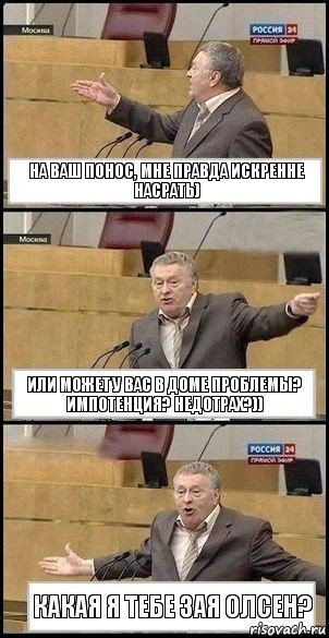 На ваш понос, мне правда искренне НАСРАТЬ) Или может у Вас в доме проблемы? Импотенция? Недотрах?)) какая я тебе зая Олсен?, Комикс Жириновский разводит руками 3