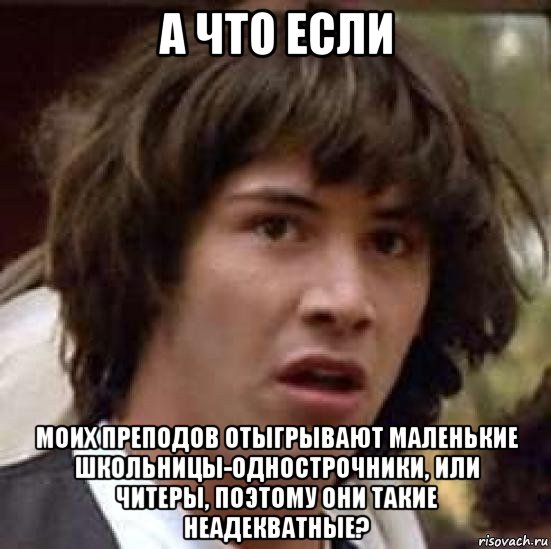 а что если моих преподов отыгрывают маленькие школьницы-однострочники, или читеры, поэтому они такие неадекватные?, Мем А что если (Киану Ривз)