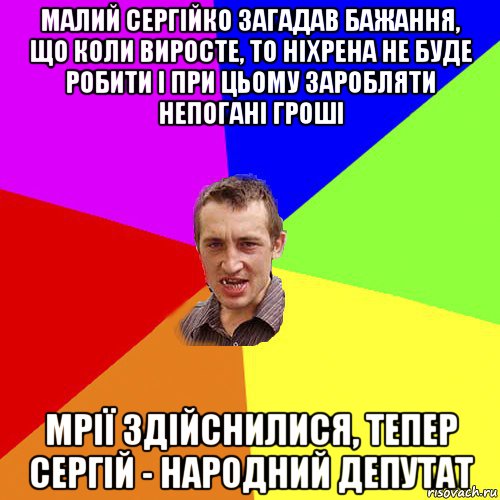 малий сергійко загадав бажання, що коли виросте, то ніхрена не буде робити і при цьому заробляти непогані гроші мрії здійснилися, тепер сергій - народний депутат