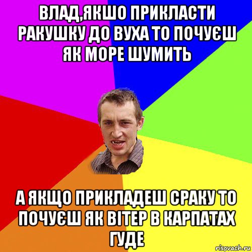 влад,якшо прикласти ракушку до вуха то почуєш як море шумить а якщо прикладеш сраку то почуєш як вітер в карпатах гуде, Мем Чоткий паца