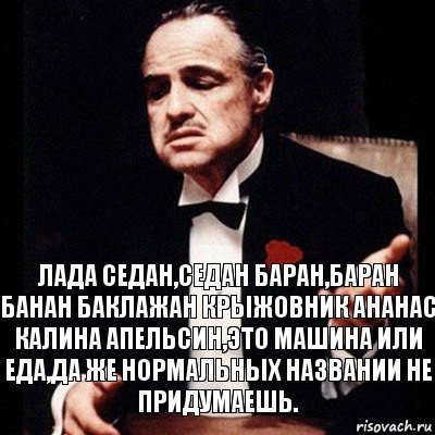 лада седан,седан баран,баран банан баклажан крыжовник ананас калина апельсин,это машина или еда,да же нормальных названии не придумаешь.