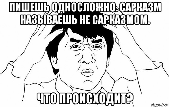 пишешь односложно. сарказм называешь не сарказмом. что происходит?, Мем ДЖЕКИ ЧАН