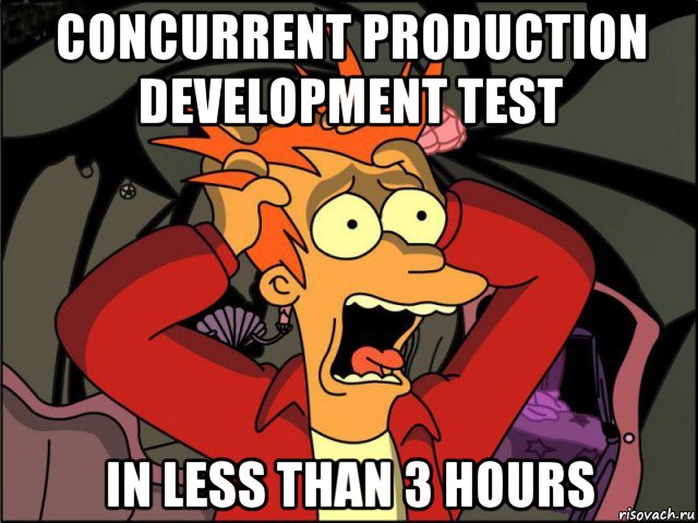 concurrent production development test in less than 3 hours, Мем Фрай в панике