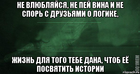 не влюбляйся, не пей вина и не спорь с друзьями о логике, жизнь для того тебе дана, чтоб её посвятить истории, Мем Игра слов 2