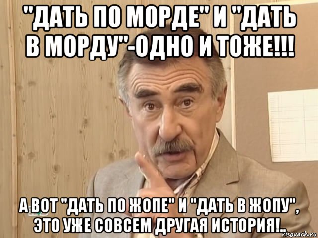 "дать по морде" и "дать в морду"-одно и тоже!!! а вот "дать по жопе" и "дать в жопу", это уже совсем другая история!.., Мем Каневский (Но это уже совсем другая история)