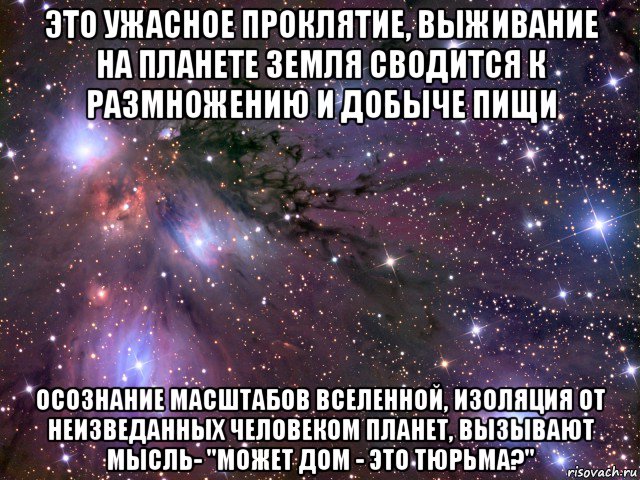 это ужасное проклятие, выживание на планете земля сводится к размножению и добыче пищи осознание масштабов вселенной, изоляция от неизведанных человеком планет, вызывают мысль- "может дом - это тюрьма?", Мем Космос