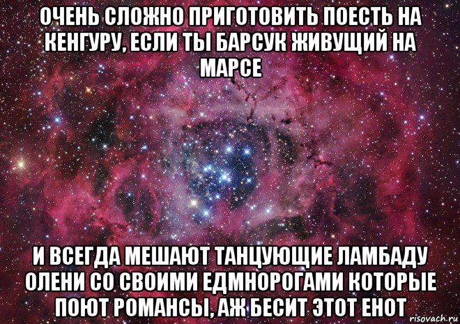 очень сложно приготовить поесть на кенгуру, если ты барсук живущий на марсе и всегда мешают танцующие ламбаду олени со своими едмнорогами которые поют романсы, аж бесит этот енот