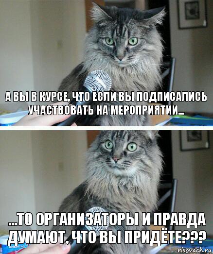 А Вы в курсе, что если вы подписались участвовать на мероприятии... ...то организаторы и правда думают, что вы придёте???, Комикс  кот с микрофоном