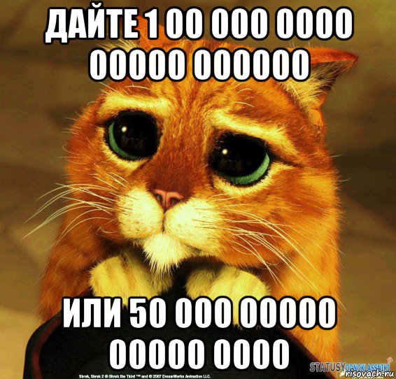 дайте 1 00 000 0000 00000 000000 или 50 000 00000 00000 0000, Мем Котик из Шрека