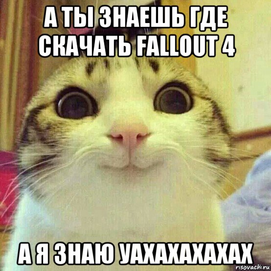 а ты знаешь где скачать fallout 4 а я знаю уахахахахах, Мем       Котяка-улыбака