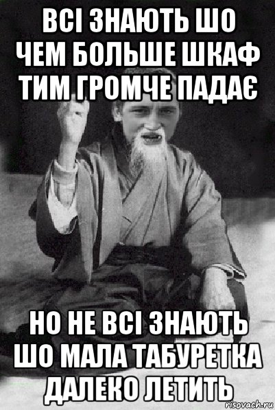 всі знають шо чем больше шкаф тим громче падає но не всі знають шо мала табуретка далеко летить, Мем Мудрий паца