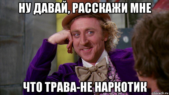 ну давай, расскажи мне что трава-не наркотик, Мем Ну давай расскажи (Вилли Вонка)