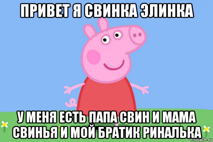 привет я свинка элинка у меня есть папа свин и мама свинья и мой братик риналька, Мем Пеппа