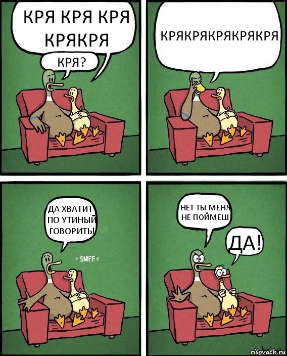 КРЯ КРЯ КРЯ КРЯКРЯ КРЯ? КРЯКРЯКРЯКРЯКРЯ ДА ХВАТИТ ПО УТИНЫЙ ГОВОРИТЬ! НЕТ ТЫ МЕНЯ НЕ ПОЙМЕШ ДА!, Комикс  Разговор уток