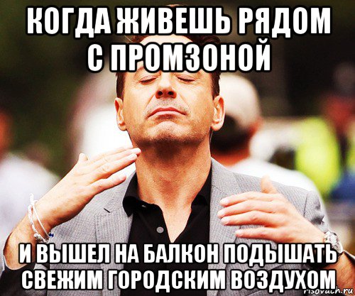 когда живешь рядом с промзоной и вышел на балкон подышать свежим городским воздухом, Мем   Дауни-младший нюхает